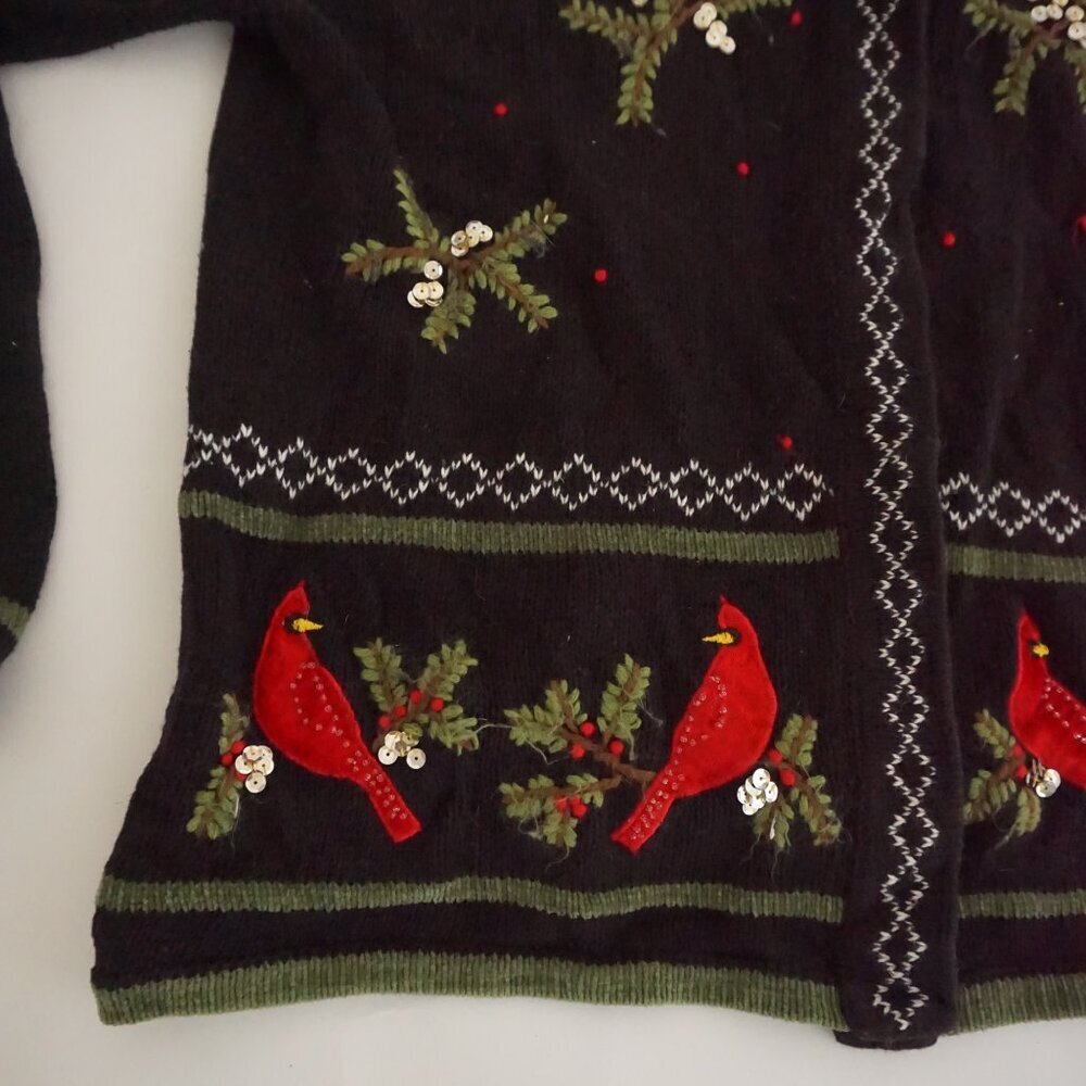 Vintage Reference Point Black Cardinal Bird Holiday Nature Button Cardigan L - Picture 7 of 9